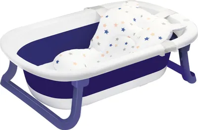Produktbild von Faltbare Babybadewanne - Tragbare Reisebadewanne - Mit Neugeborenenkissen - Rutschfester Boden - Für 0–24 Monate - Blau Weiß