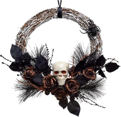 Productafbeelding van DECO Rieten krans Halloween - Decoratie - Feest - Skull (schedel) - Spinnen - Rozen - Kunststof - Goud, bruin, zwart - Afmetingen: ongeveer 35x35x7 cm