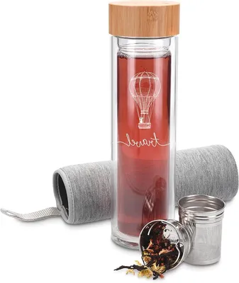 Productafbeelding van Glazen theefles met filter – 450 ml – dubbelwandige drinkfles met bamboe deksel, theezeef en beschermhoes