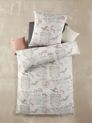 Produktbild von Optidream Mikrofaser Seersucker Bettwäsche 135 x 200 cm Bettbezug Kopfkissenbezug 80 x 80 cm Bird weiss beige rose