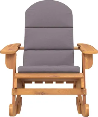 A front view of a wooden Adirondack rocking chair with a gray cushion, set against a white background.