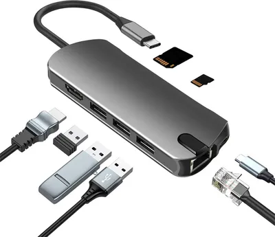 Zdjęcie produktu dla INF Hub USB-C 8 w 1 z USB 3.0, HDMI, RJ45, gniazdem kart SD/TF, ładowaniem PD 100 W