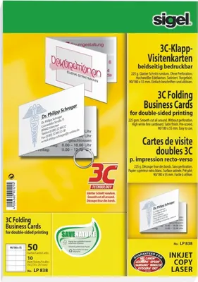 Produktbild von Klapp-Visitenkarten 3C beidseitig bedruckbar 225g/qm hochweiß VE=10x50 Stück