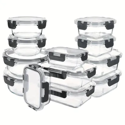 Produktbild von 12er Set Glasbehälter mit Deckel, luftdicht & auslaufsicher Lunchboxen, stapelbar Lebensmittelbehälter für Meal Prep Boxen Vorratsdosen, Grau