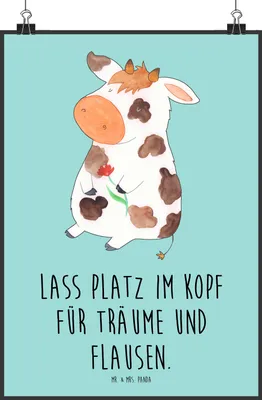 Produktbild von Mr. & Mrs. Panda Bild Kuh DIN A2 - Türkis Pastell - Geschenk, Milch, Wandbild, Bauernhof, drucke, Wanddekoration, wanddeko, Spruch, Hof, Kühe, Kunstdruck