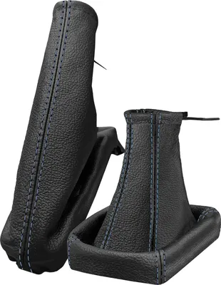 Produktbild von Schaltsack und Handbremsmanschette für Opel Astra G 100% Leder schwarz Naht blau