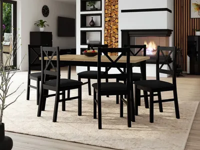 Obrázok produktu pre Rozkladací jedálenský stôl 140 cm so 6 stoličkami ADELBITE 3 - dub artisan / čierny