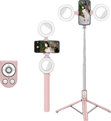 Produktbild von Ausziehbarer Selfie-Stick mit wiederaufladbarer TikTok-Fernbedienung, Stativ und Doppellampe,1.35m,Dual light pink
