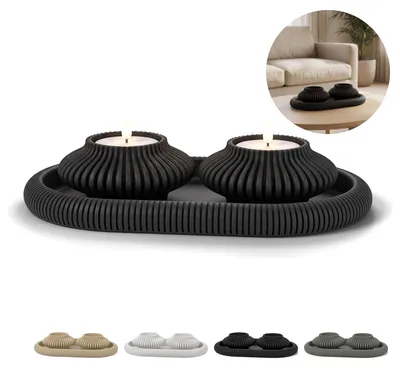 Produktbild von Dekotablett oval mit 2 LED Teelichthaltern, geriffelt, Deko Set Japandi – Schwarz