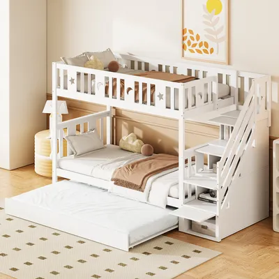 Produktbild von LVHOM Etagenbett 90x200cm mit Ausziehbett 90x190cm, Hochbett mit Treppe, Holzbett mit Lattenrost und Rausfallschutz, Kinderbett Jugendbett, Weiß