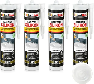Produktbild von Isolbau Sanitär Silikon 4 x 300 ml Transparent - Hochelastischer Silikon-Dichtstoff für Abdichtungen & Fugen – Schimmelresistent, wasserdicht -  Kartusche