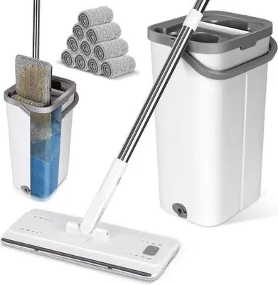 Produktbild von Famanu Mopset mit Eimer, Wischmop mit Wringfunktion - inklusive 6 wiederverwendbaren Mikrofasermoppads