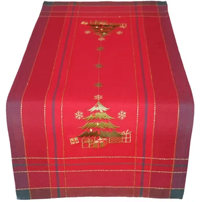 Productafbeelding van Tafelkleed geborduurd, kerstboommotief, 40x90 cm, rood