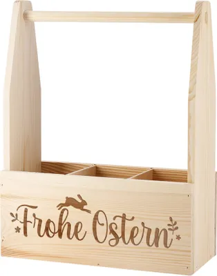 Produktbild von Flaschenträger aus Holz mit Gravur "Frohe Ostern" - Geschenkidee zu Ostern - Holztrage mit 3 Fächern