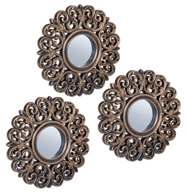 Image de Lot de 3 miroirs Relaxdays, miroirs muraux décoratifs de style baroque, salon, couloir, Ø 25 cm chacun, cadre en plastique, bronze/noir