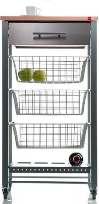 Produktbild von DON HIERRO - Küchenwagen auf Rollen, Schubladenfront aus Edelstahl, Flaschenhalter und buchefarbener Arbeitsplatte. APRIL