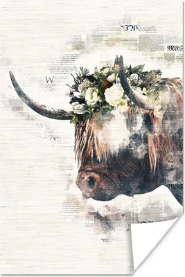 Produktbild von MuchoWow® Poster Scottish Hochlandrind - Blumen - Zeitungspapier 120x180 cm - Kunstposter