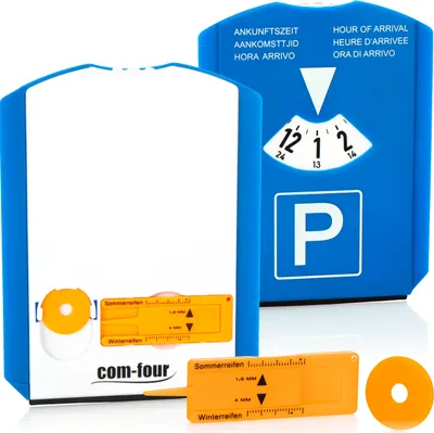 Produktbild von com-four® 2x Parkscheibe mit Eiskratzer, Gummilippe und Einkaufswagenchip und Reifenprofilmesser - Parkuhr aus Kunststoff