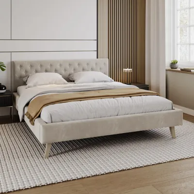Produktbild von FDM Bett ZUZA 120x200 cm Polsterbett mit Lattenrost aus Holz Samt Trinity beige