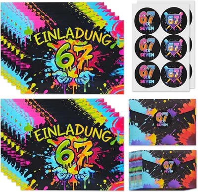 12 Einladungskarten mit 67er Graffiti-Design, Umschlägen & Stickern