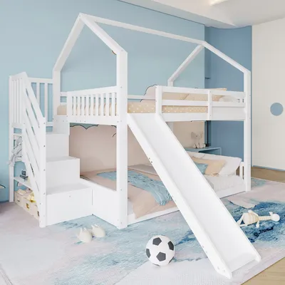 A child's bedroom with a white bunk bed featuring a house-shaped frame, slide, and stairs with storage.