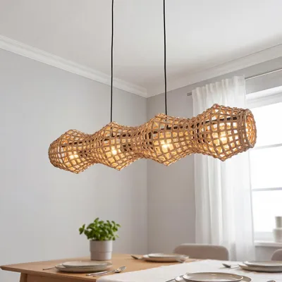 Produktbild von Pendelleuchte Rattan Metall Schwarz E27 4-flammig 107 cm Hängelampe Esszimmer