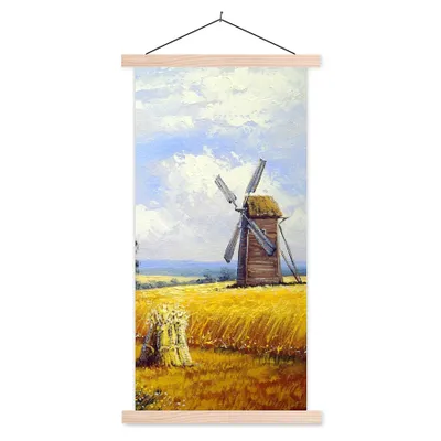 Produktbild von MuchoWow® Textilposter Gemälde - Bauernhof - Mühle - Ölfarbe 60x120 cm mit holzfarbenen Rahmen - Holz