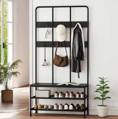 Produktbild von 3-in-1 Garderobenständer, Schuhregal, Kleiderhaken, Sitzbank, Schuhregal