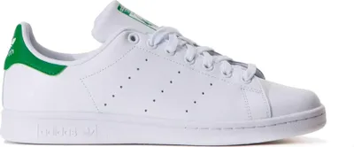 A white Adidas Stan Smith sneaker with green accents.