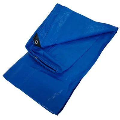 A folded blue tarp on a white background.