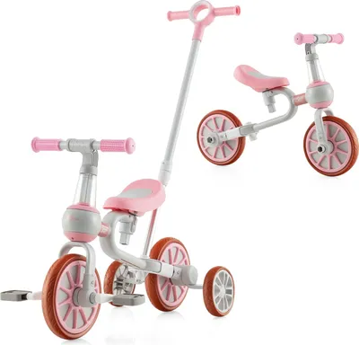 Produktbild von Dreirad ab 2 Jahre, 4-in-1 Laufrad mit Verstellbarer Schubstange & abnehmbarem Pedal, Kinderdreirad Balance Bike bis 30kg (Pink)
