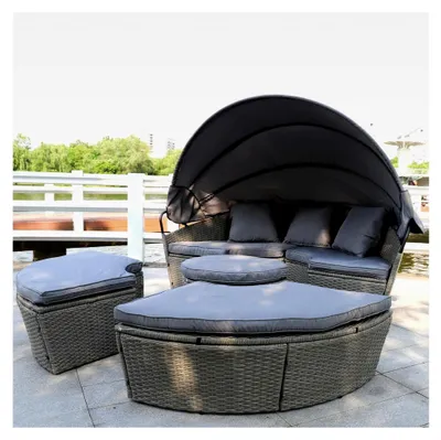 Produktbild von Sonneninsel aus Poly Rattan mit klappbarem Sonnendach Ø 180 cm inkl. Auflagen, Kissen und Abdeckung, Farbe: Grau
