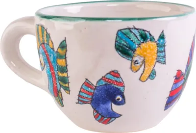 Produktbild von Handgemalte Steinzeug Suppentasse mit Fisch-Motiv, Höhe 8,5 cm, Ø 11,5 cm