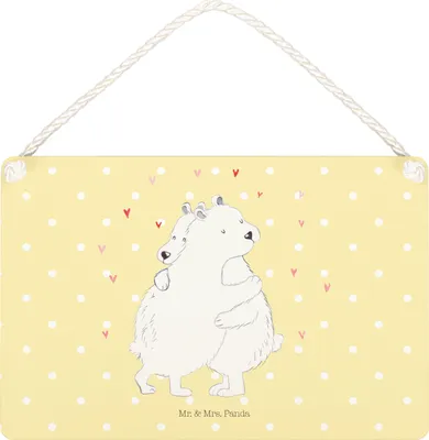 Produktbild von Mr. & Mrs. Panda Schild Eisbär Umarmen DIN A4 - Gelb Pastell - Geschenk, kleine aufmerksamkeit, Türschild, Wandbild Holz, holzbild, Lustige Sprüche, wandtafel