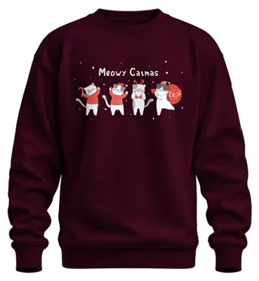 Imagen del producto de "Meowy Catmas": Suéter navideño con motivos de gatos, uni, color burdeos, talla 3XL. Ideal como regalo de Navidad