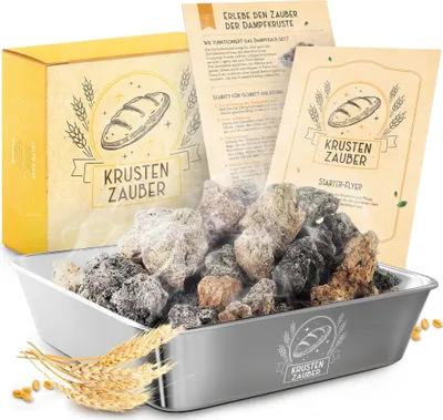 Produktbild von KRUSTENZAUBER Lavasteine Backofen zum Brot backen inkl. Edelstahl Dampfschüssel für optimale Wärmeverteilung dank natürlichen Wasserdampf