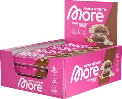 Produktbild von More Nutrition Protein Satisbites- 12 Riegel 2x25g White Hazelnut Nougat