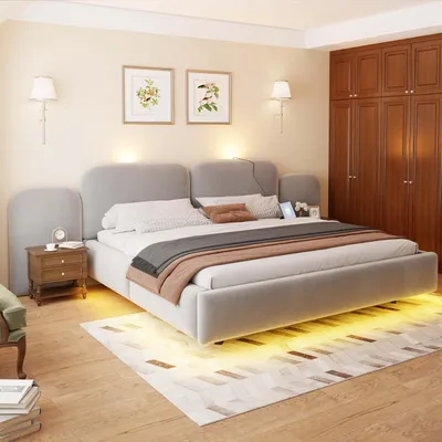 Imagen del producto de Cama tapizada Zerbaco, cama de matrimonio, 180x200 cm, con cajón integrado, sistema hidráulico, iluminación LED, puertos USB y tipo-C, color gris, con somier, sin colchón
