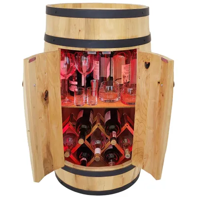 Immagine prodotto di Bar a forma di botte con sedia a sdraio pieghevole con porta a LED RGB, bar rustico da casa 80x50 cm marrone chiaro
