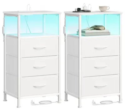 Produktbild von SONGMICS Nachttisch mit LED-Beleuchtung und Ladestation, 2er Set, Nachttisch mit 3 Schubladen und offenem Fach, weiß