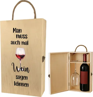 Produktbild von Weinbox Geschenkbox Weinflasche, Weinkiste Holz mit Spruch, Geschenkkiste Holzbox Wein, inklusive Weinglas