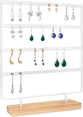 Productafbeelding van PromoHome® Oorbellenhouder - Houten sieradenhouder met 5 niveaus en 66 opbergplaatsen, kleur: wit