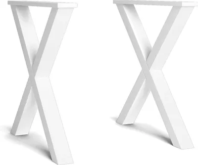 Two white X-shaped table legs are shown against a white background.