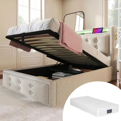 Obrázek produktu pro Čalouněná postel 90x200, jednolůžko s led čelem a USB C, hydraulická postel, béžová, s matrací