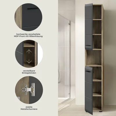 Produktbild von Ice Hochschrank Bad 2 Türen, 1 Regal Schwarz matt, Eiche Nachbildung.