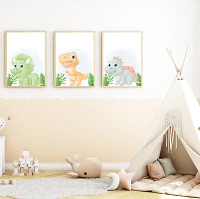 Produktbild von Dinosaurier 3er Set Bilder Baby Dinos Kinderzimmer Deko DIN A4 Poster Babyzimmer Wandbilder