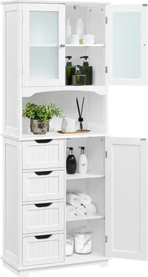 A white wooden cabinet with glass doors and drawers, containing various bathroom items.