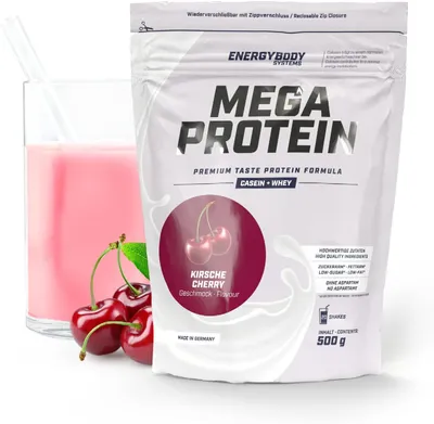 Produktbild von Energybody Mega Protein "Kirsche", Proteinpulver mit Whey und Casein, Eiweißpulver, 500 g Beutel