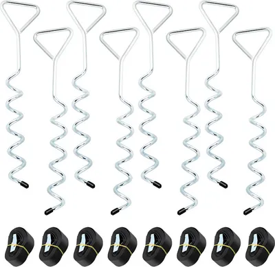 Image de Ancrages au sol pour trampoline, 8 pièces, ancrages anti-tempête à visser avec sangle réglable, ancrages/piquets galvanisés, pour balançoire, abri de jardin, etc., protection anti-basculement pour une fixation sûre dans le sol.