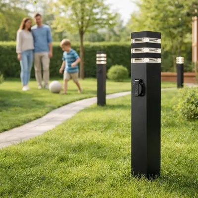 Produktbild von MasterLED Außenleuchte E27 IP54 mit Steckdose 60cm Schwarz Wegeleuchte Pollerleuchte aus Aluminium für Garten und Hof